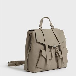All Saints Pebbled Leather Backpack in Taupe Gray with Front Pockets